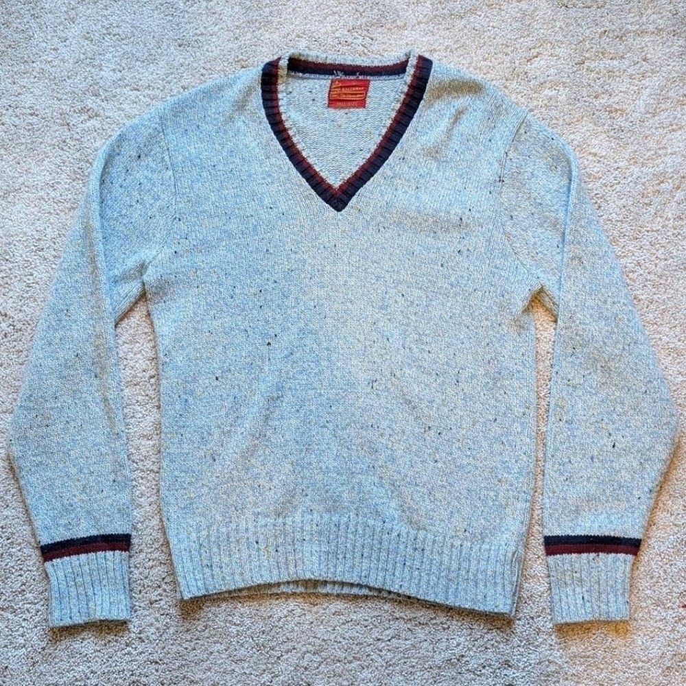 Vintage Kings Road Sears Mens Large Tall V-Neck Sweater Blue Confetti Fleck Trim